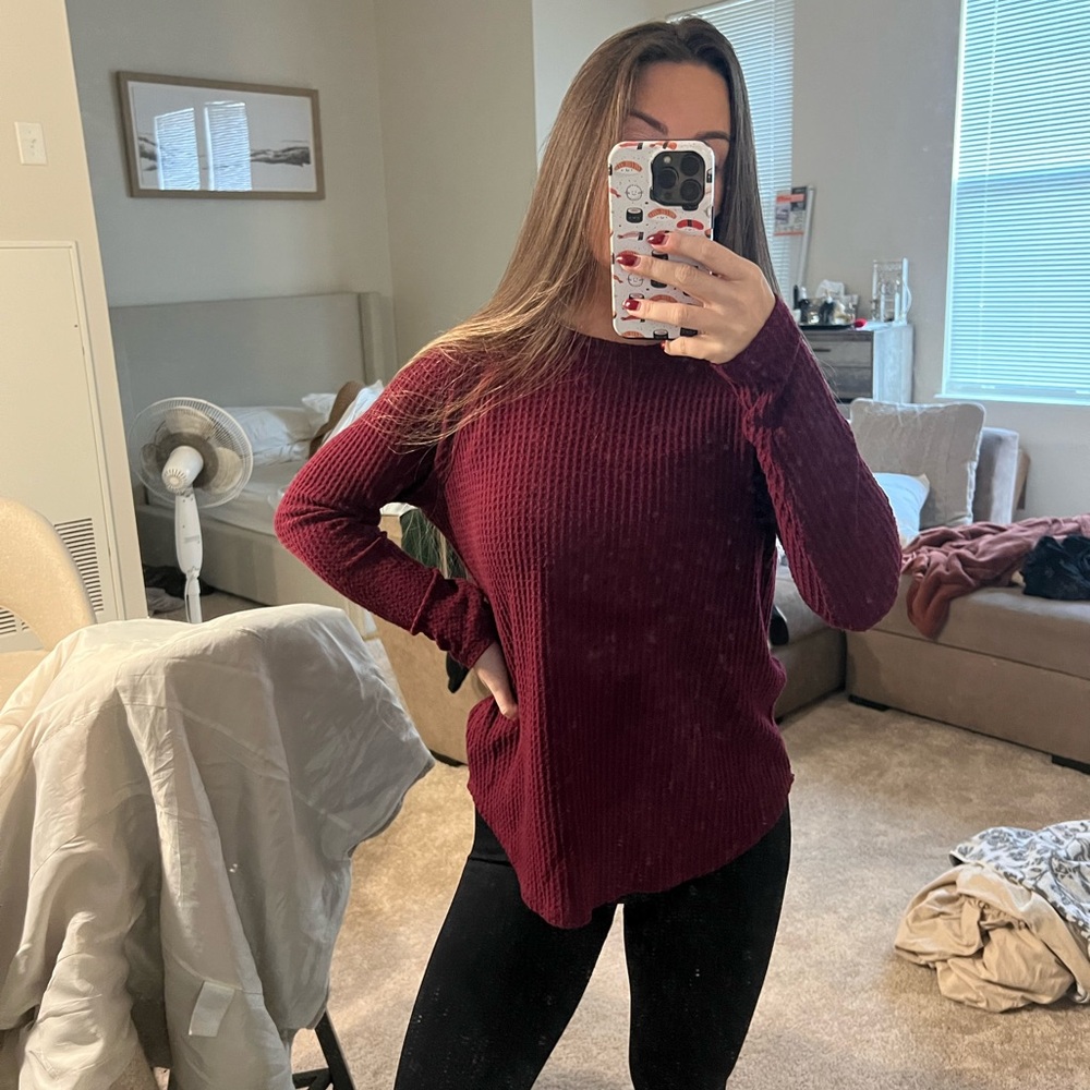 American eagle waffle Burgundy Ribbed Long Sleeve Top XS